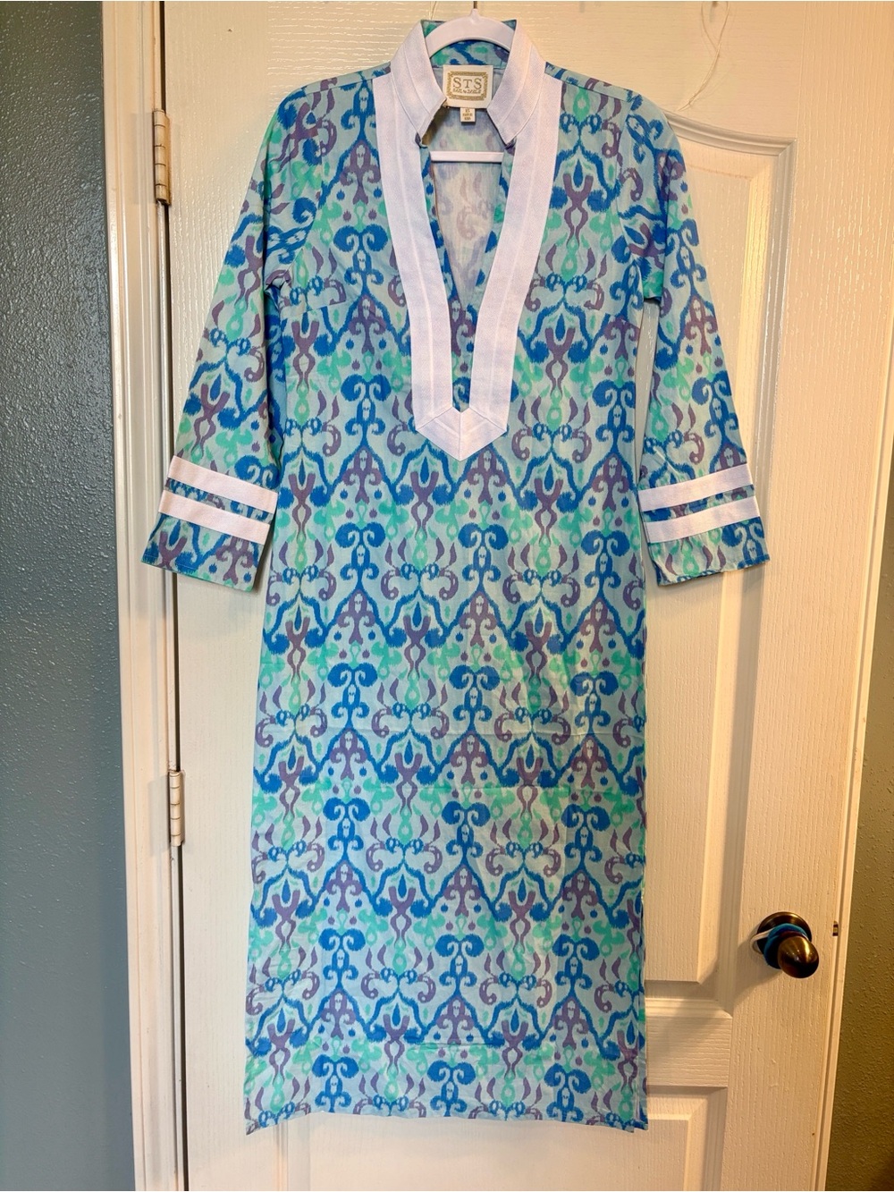 Sail to Sable | Blue & Green 100% Cotton Long Sleeve Caftan - Picture 5 of 16